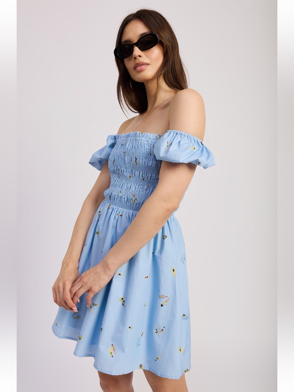 En Saison Zoey Off the Shoulder Blue Vacation Print Mini Nap Dress XS Hill House